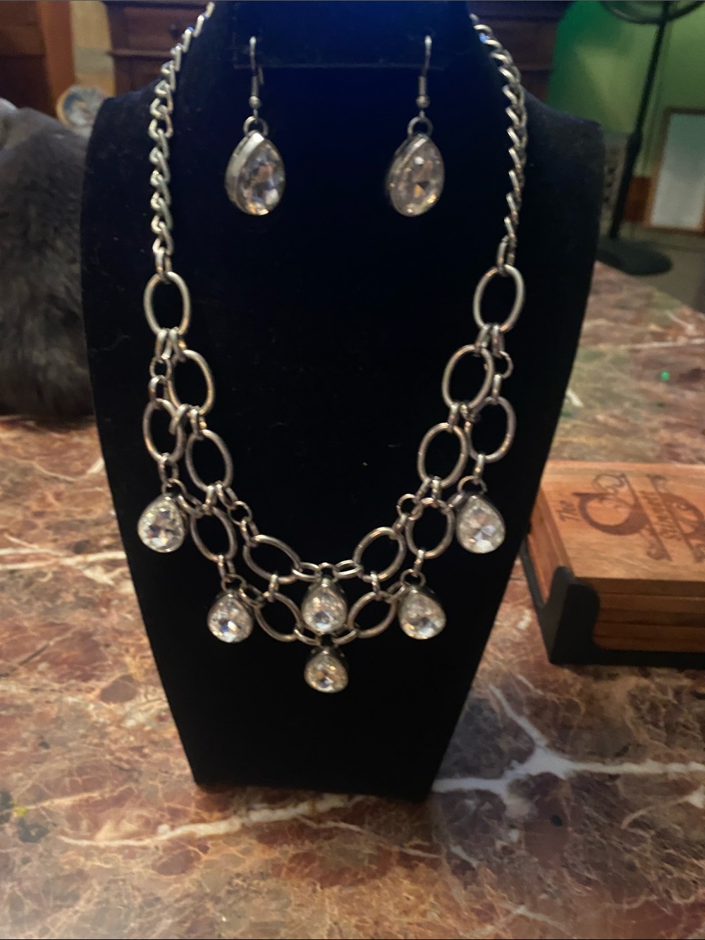 Silver Tone Teardrop Crystal Rhinestone Statement Necklace & Dangle Earring Set